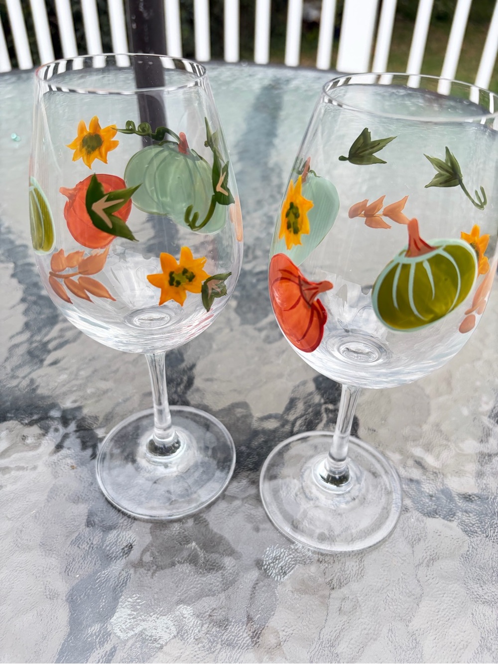 Hand-Painted Fall Harvest Wine Glasses - Autumn Pumpkin Floral Design